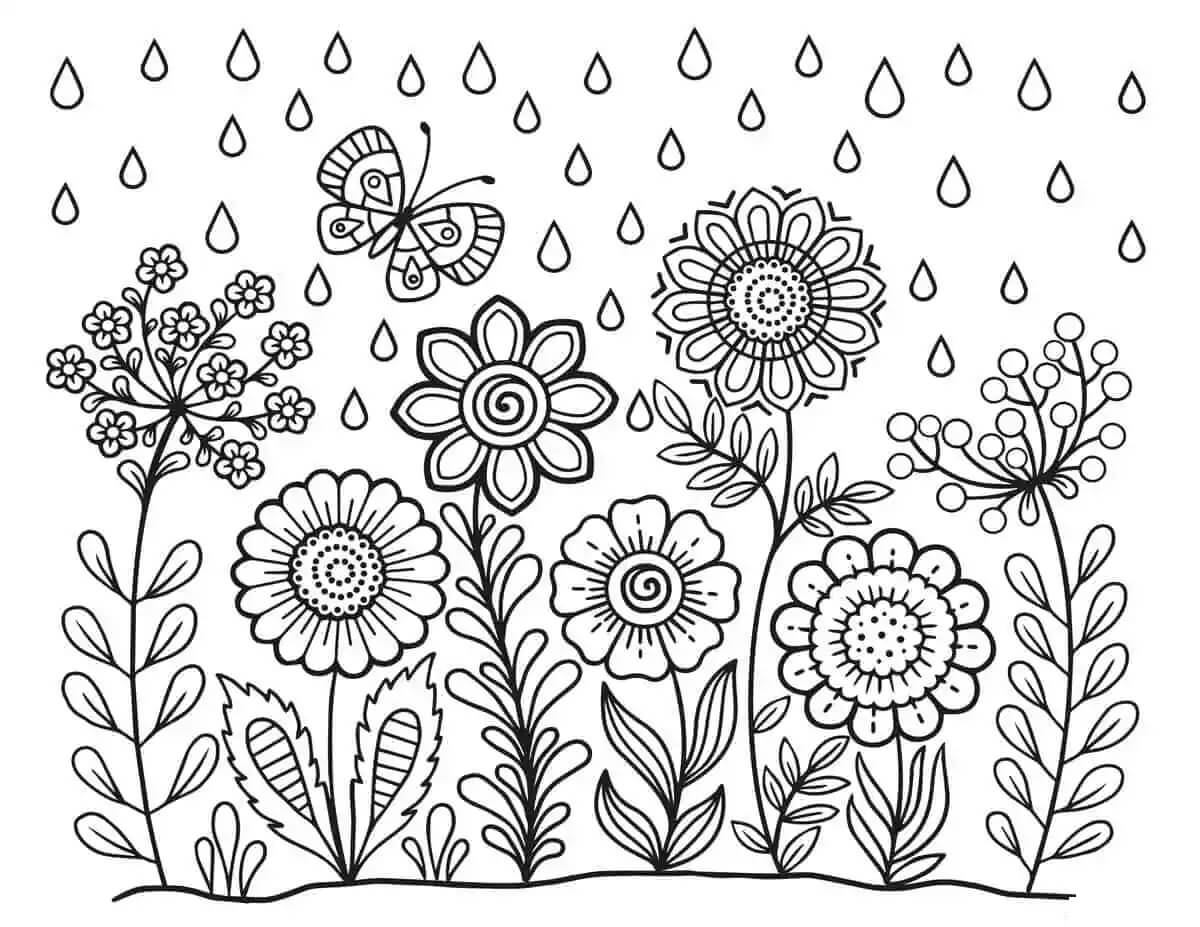 Blomsterhage Med Regn Om Vår fargeleggingsside