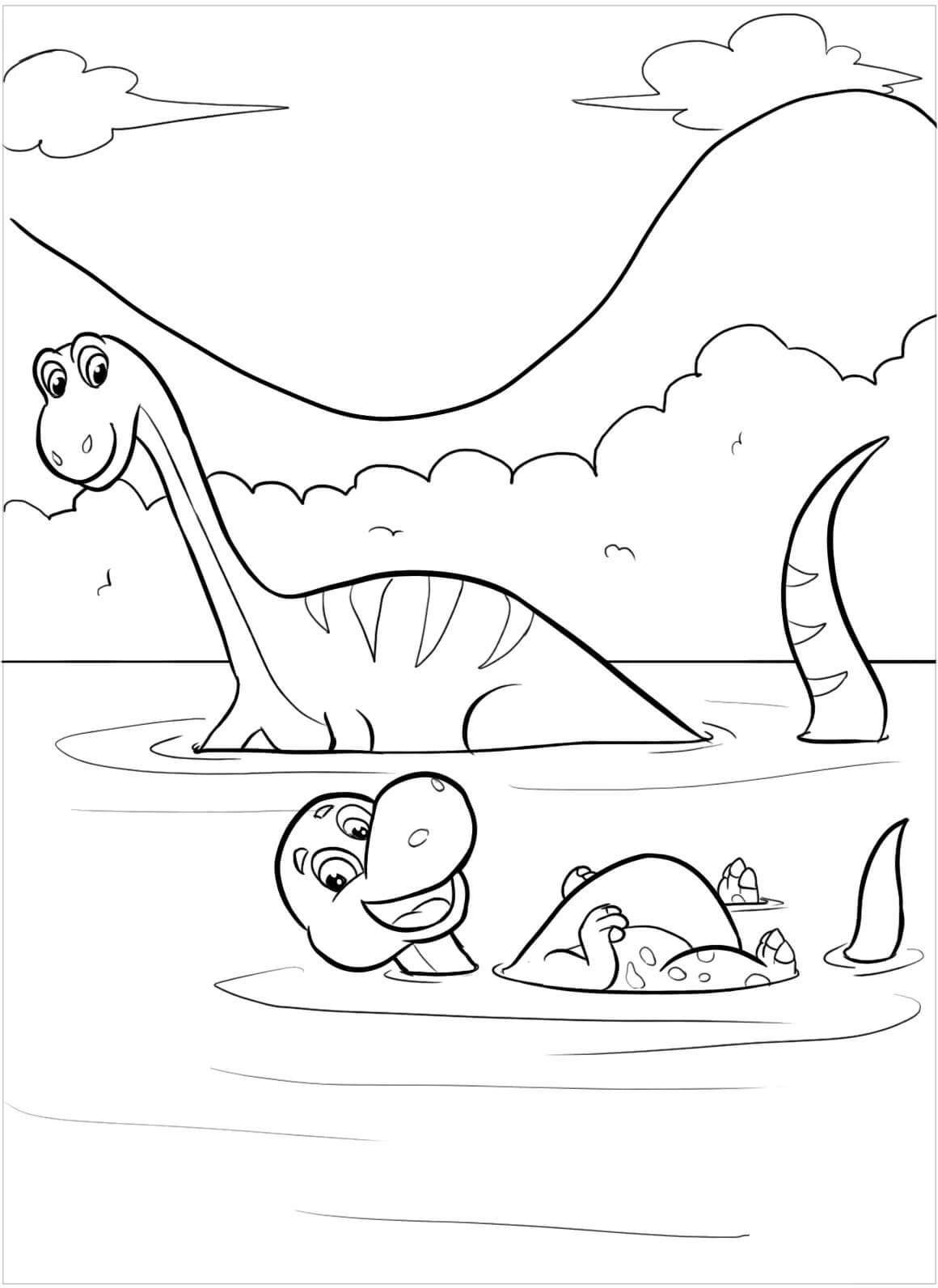 Dinosaur og baby Dinosaur Svømming fargelegging