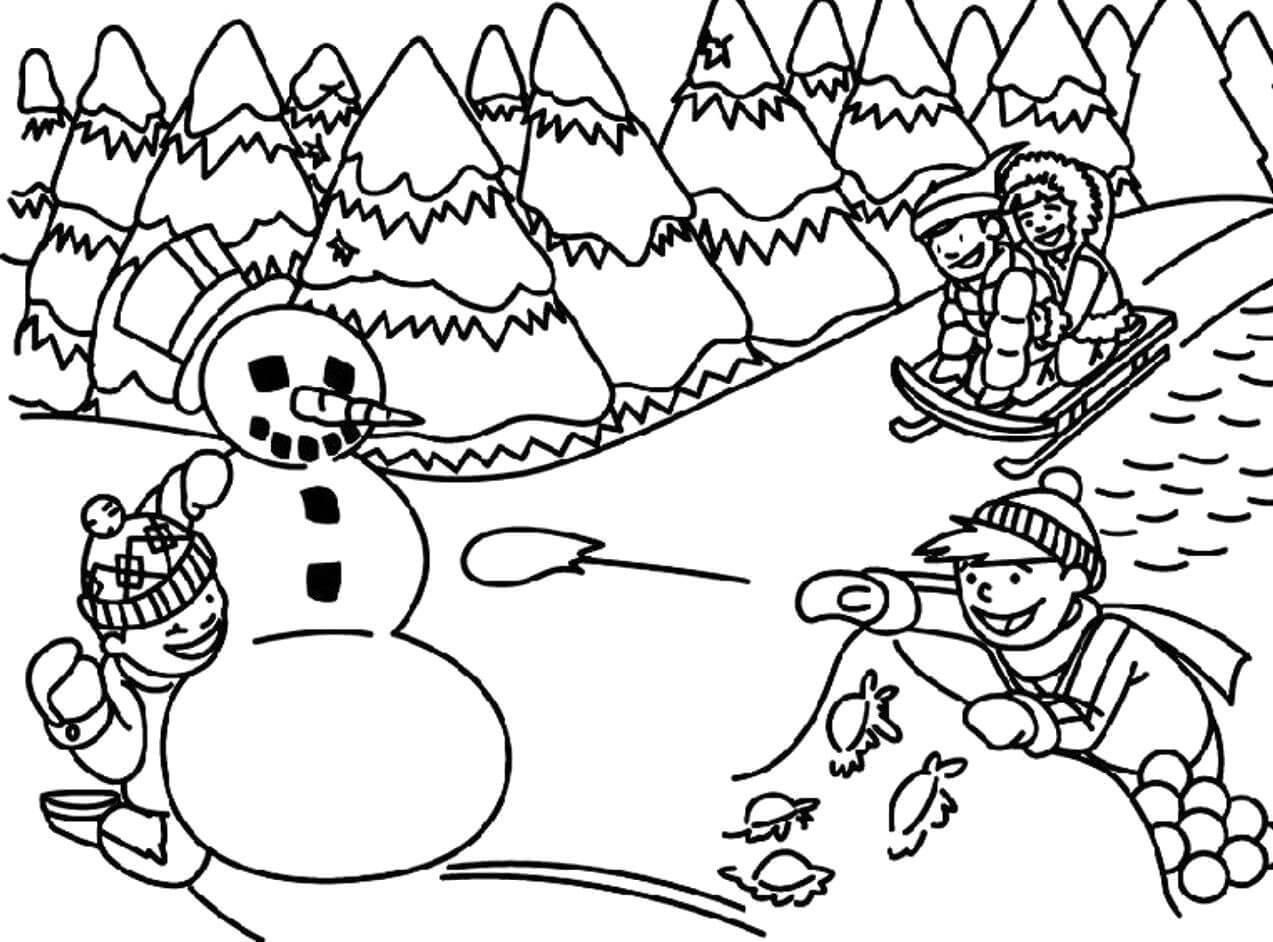 Fire Barn Med Snømann Om Vinteren fargelegging