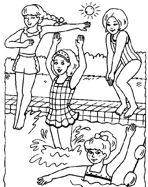 Fire jenter i svømmebassenget fargelegging