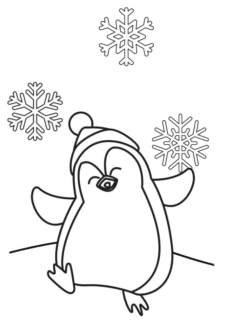 Glad Pingvin Med Snøflak Om Vinteren fargeleggingsside