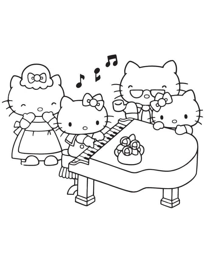 Hello Kitty Spiller Piano Med Familien fargeleggingsside