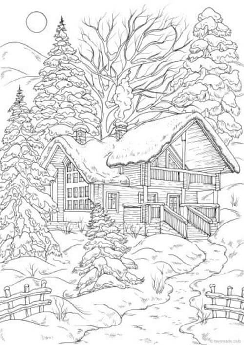 Hus Med Trær Om Vinteren fargeleggingsside