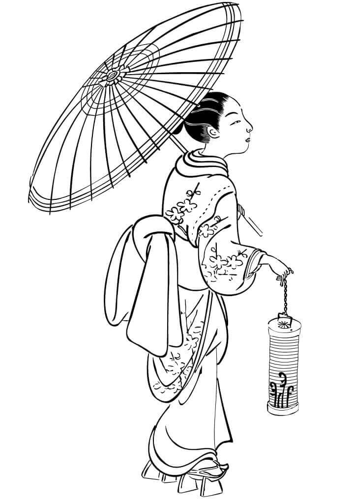 Japan Jente Som Holder Paraply fargeleggingsside