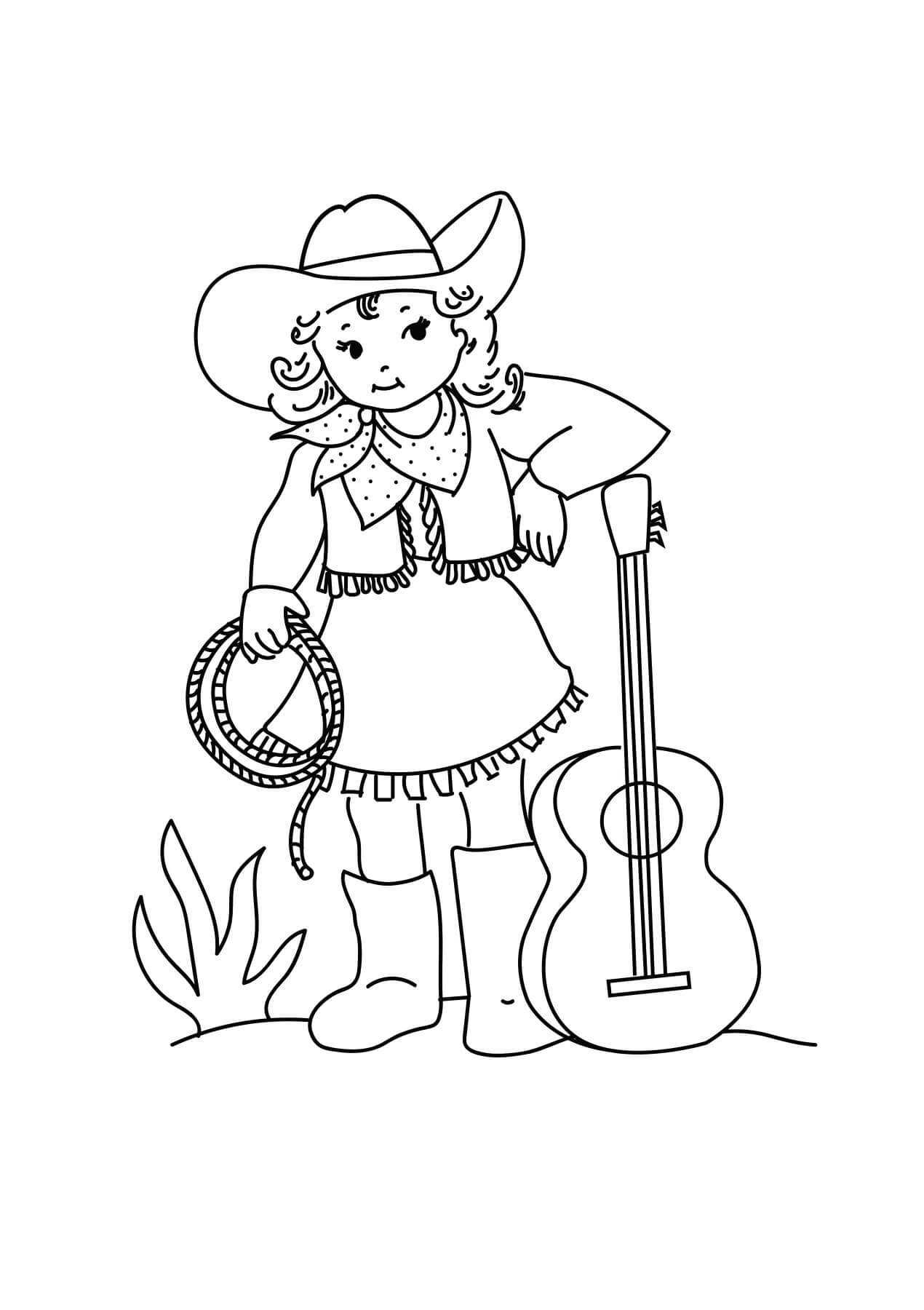 Jente Cowboy Med Gitar fargelegging