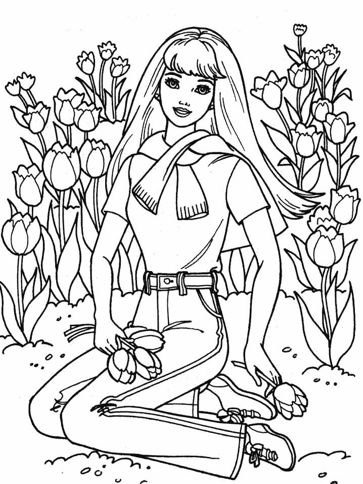 Jente Med blomsterhage om vårenJente med Blomsterhage Om Vår fargelegging