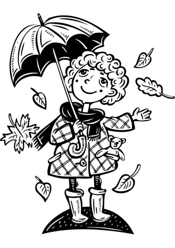 Jente Som Holder Paraply Om Høsten fargelegging
