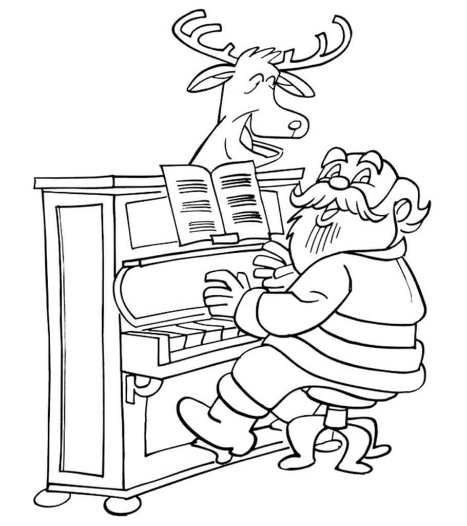 Julenissen Spiller Piano Med Reinsdyr fargelegging