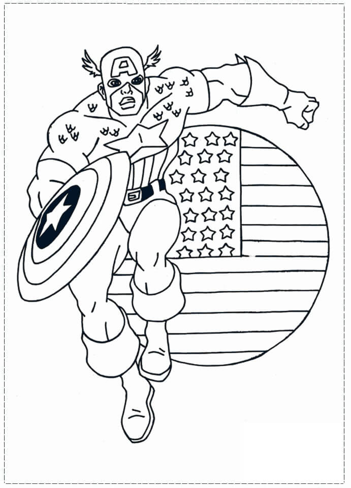 Kaptein America Kjører Med Det Amerikanske Flagget fargeleggingsside