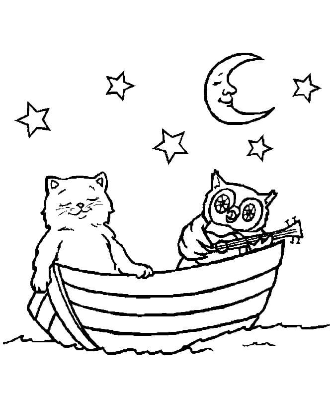 Katt Og Ugle På En Båt fargelegging