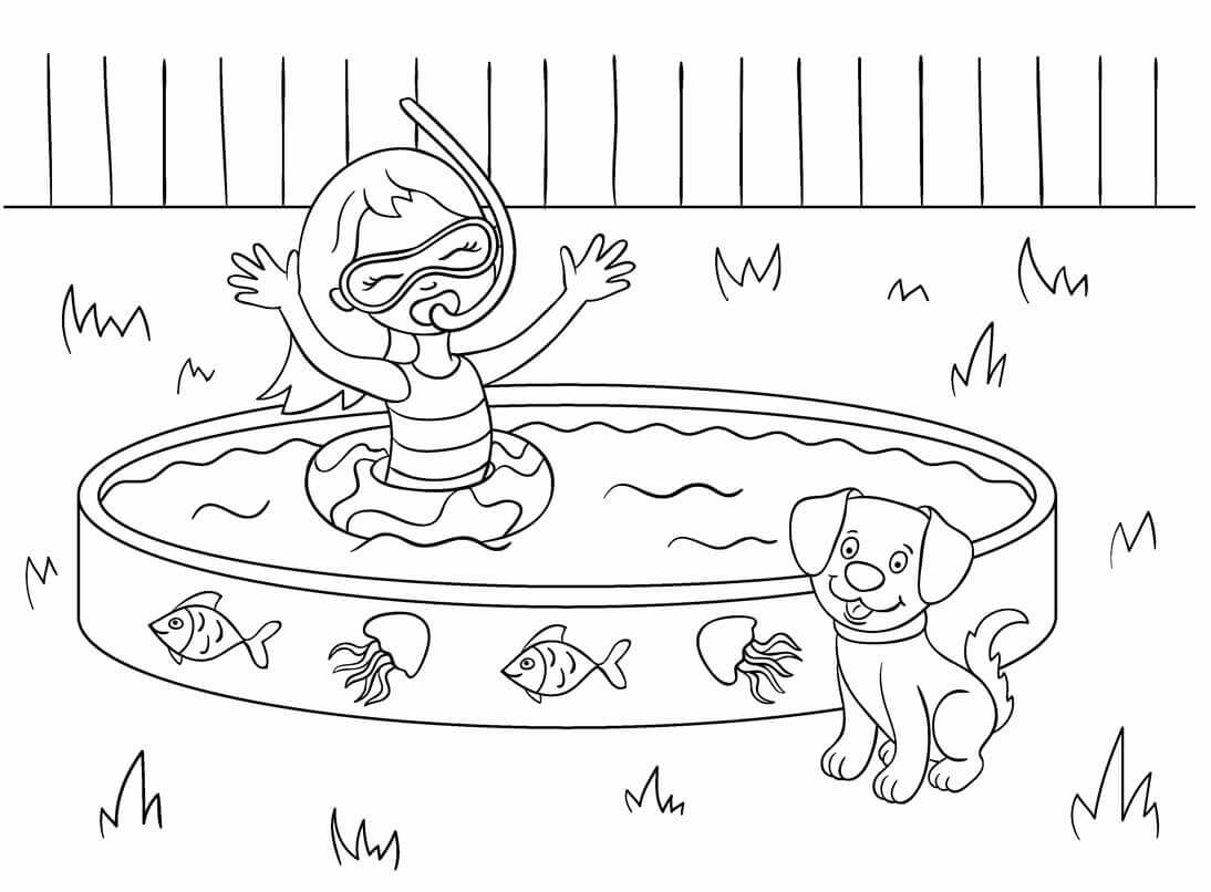 Liten jente i svømmebasseng med hund fargelegging