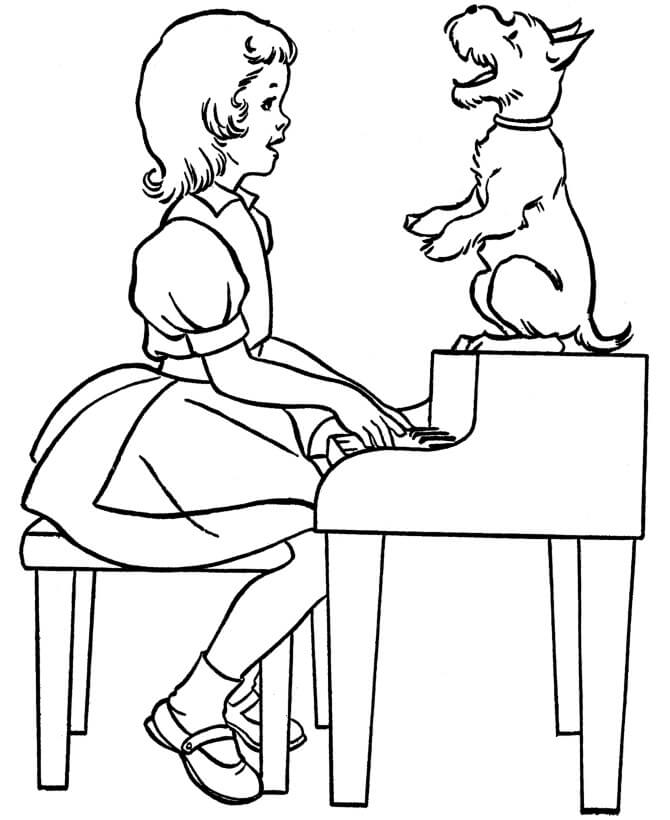 Liten Jente Spiller Piano Med Hund fargelegging