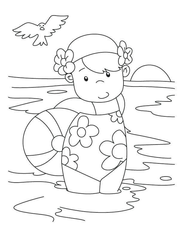Liten jente ved strandsvømming fargelegging