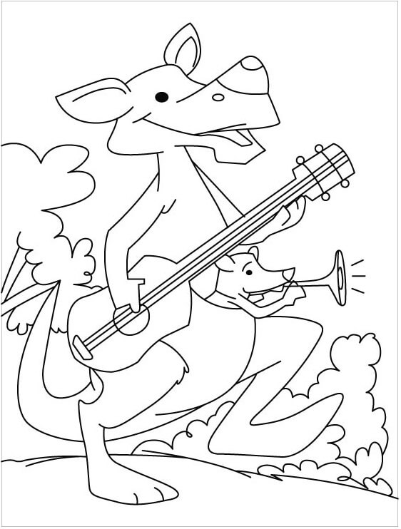 Mor Kenguru Spiller Gitar Og Baby Kenguru Spiller Fløyte fargelegging