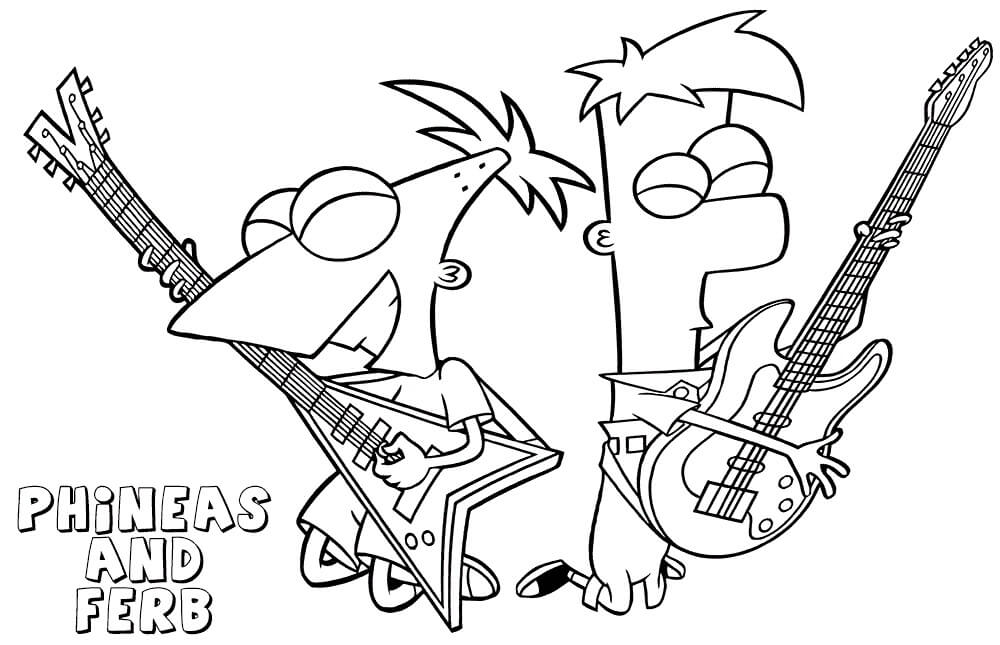 Phineas Og Ferb Spiller Gitar fargeleggingsside