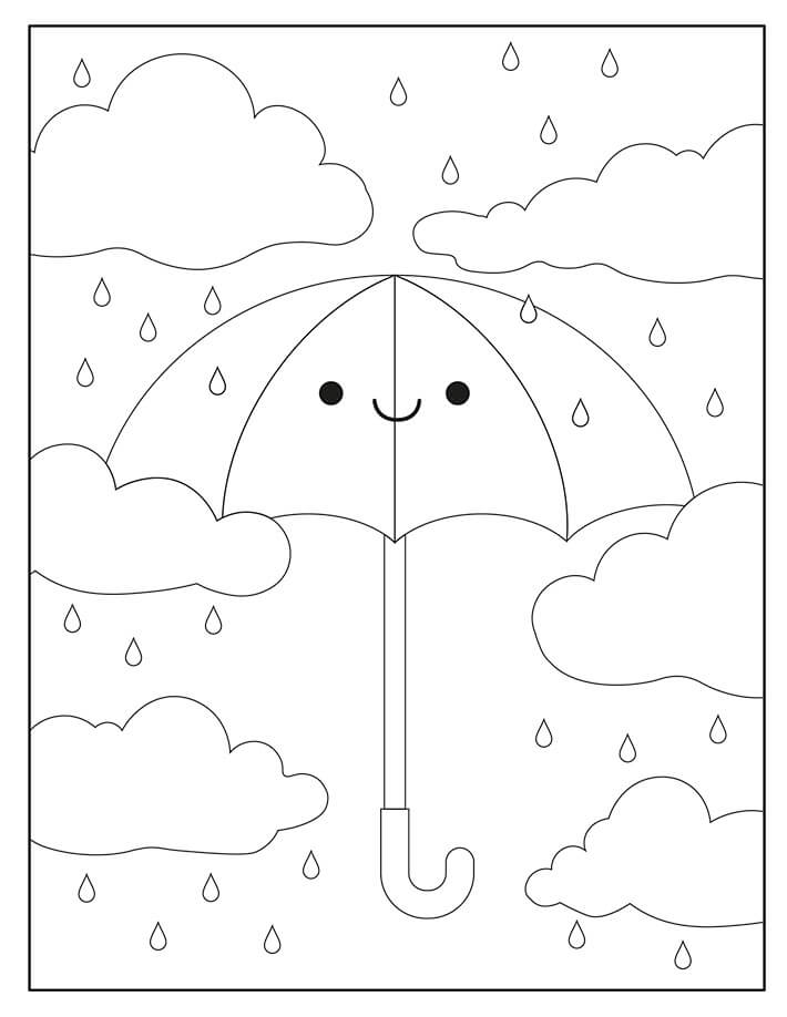 Smilende Paraply Med Skyer Og Regndråper fargeleggingsside