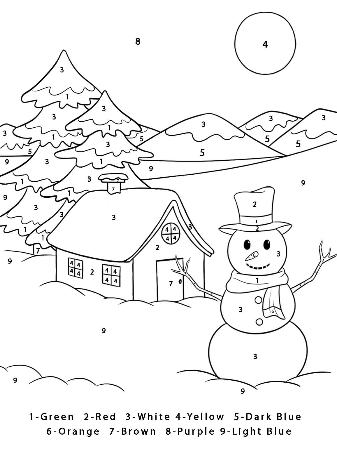 Smilende Snømann i vinter Farge Etter Nummer fargeleggingsside