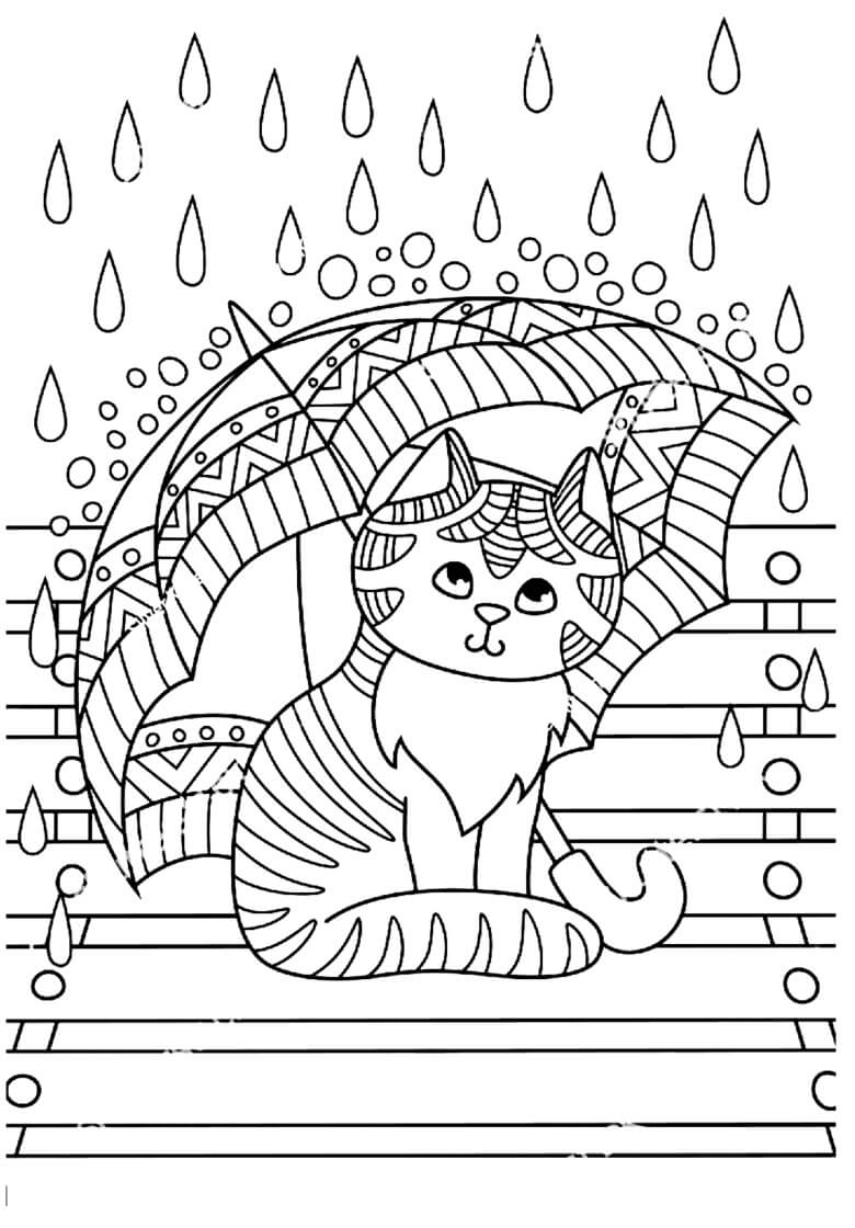 Søt Kattunge Under Paraplyen fargeleggingsside