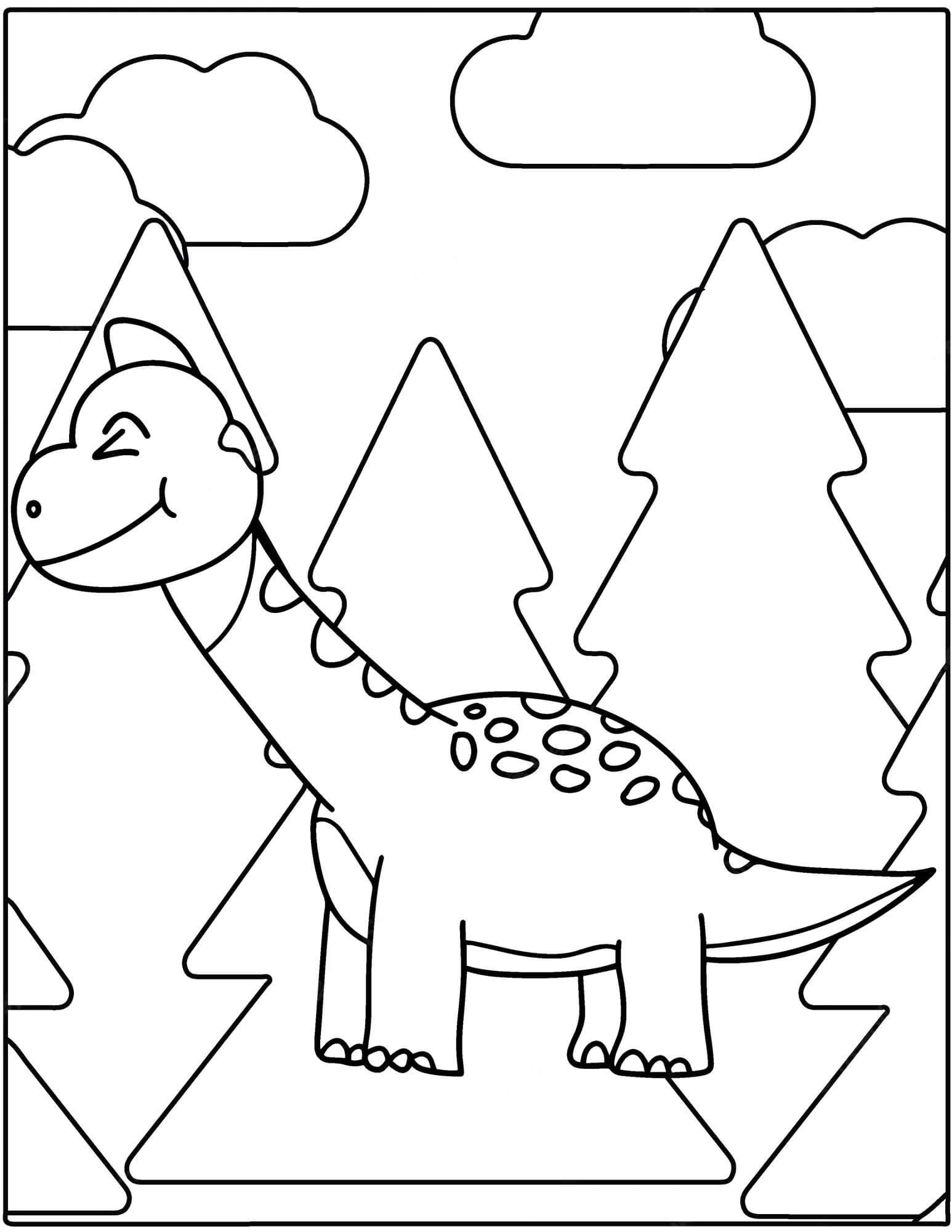 Tegneserie Dinosaur Med Trær Og Skyer fargelegging