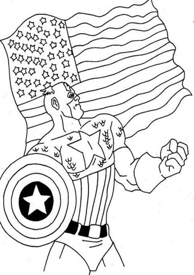 Tegneserie Kaptein Amerika Med Amerikansk Flagg fargeleggingsside