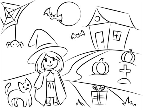 Tegning Jente Og Katt I Halloween fargelegging