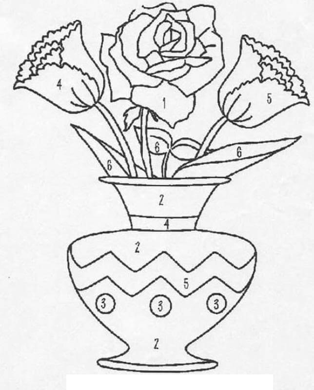 Tegning Vase med blomster Farge etter nummer fargelegging