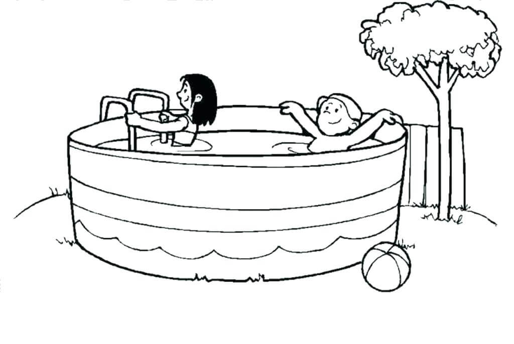 To barn som bader i et svømmebasseng fargelegging