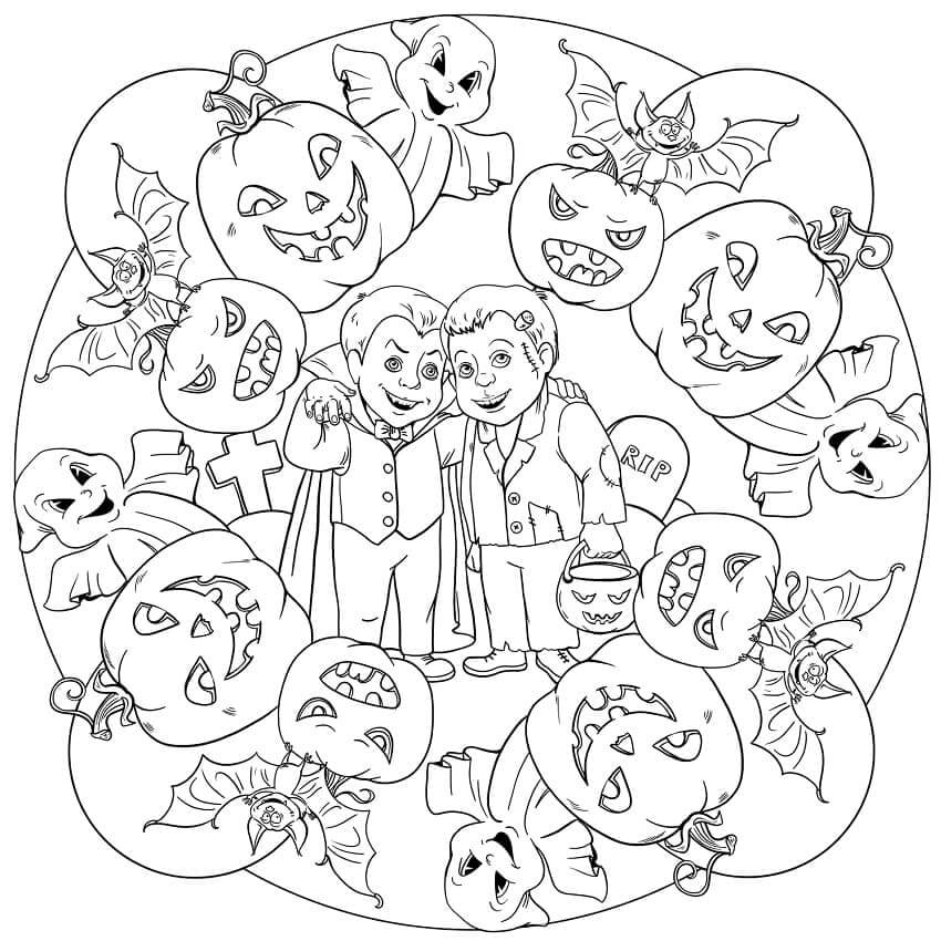 To Draculas med gresskar og spøkelser i Halloween Mandala fargelegging