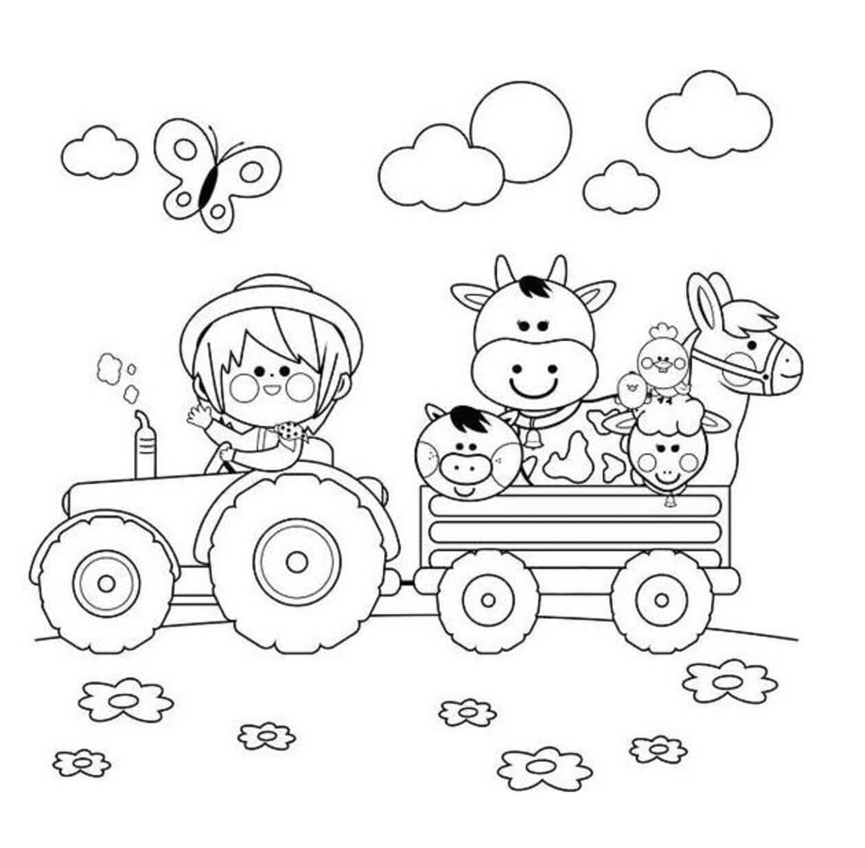 Barn Som Kjører Traktoren Og Bærer Dyrene fargelegging