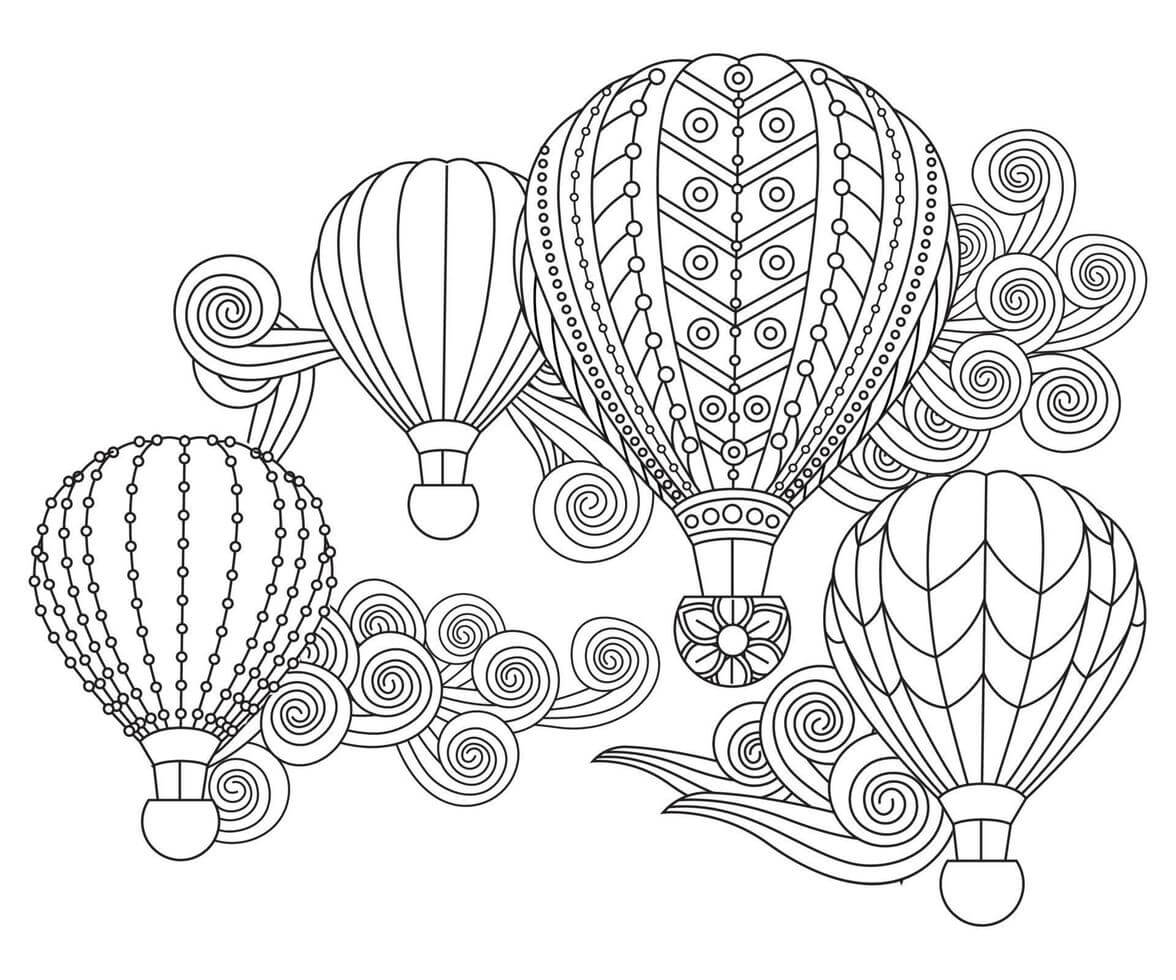 Fire Varmluftsballonger i Doodle-Stil fargeleggingsside