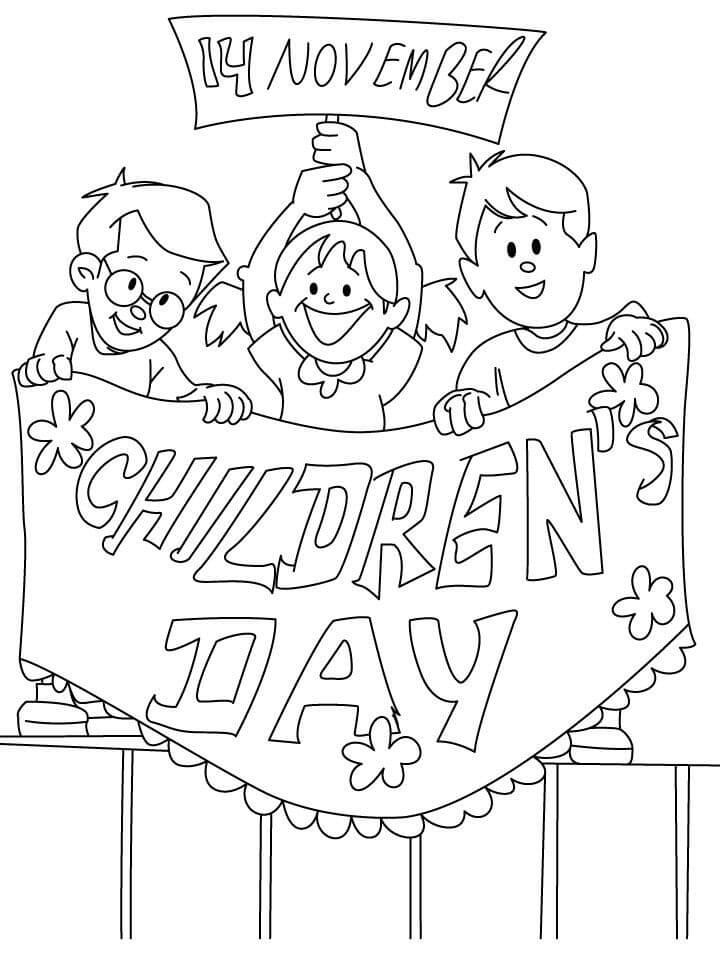 Glade tre barn i glad barnedag fargelegging