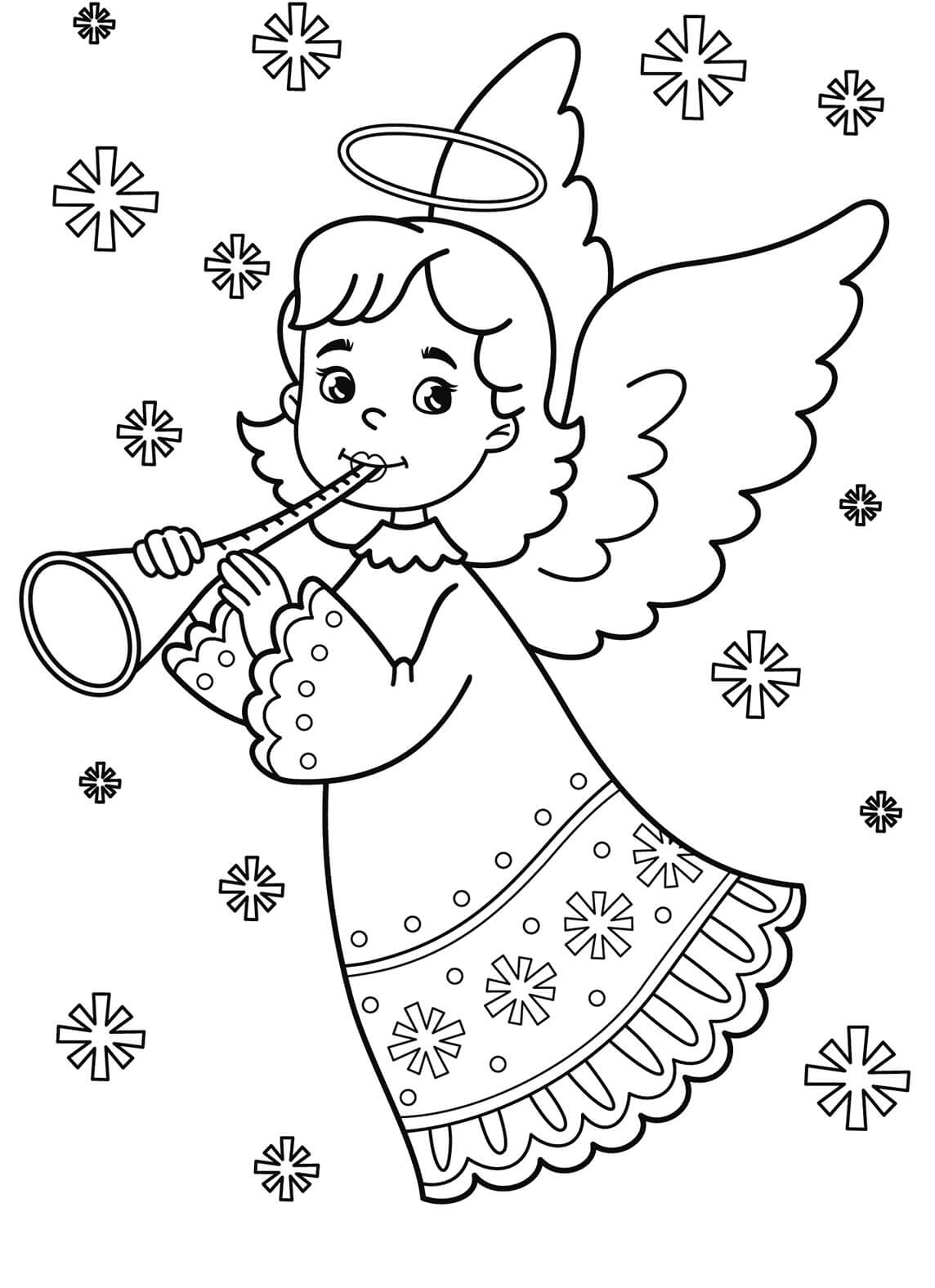Lille Engel Som Spiller Trompet Med Snøfnugg fargelegging