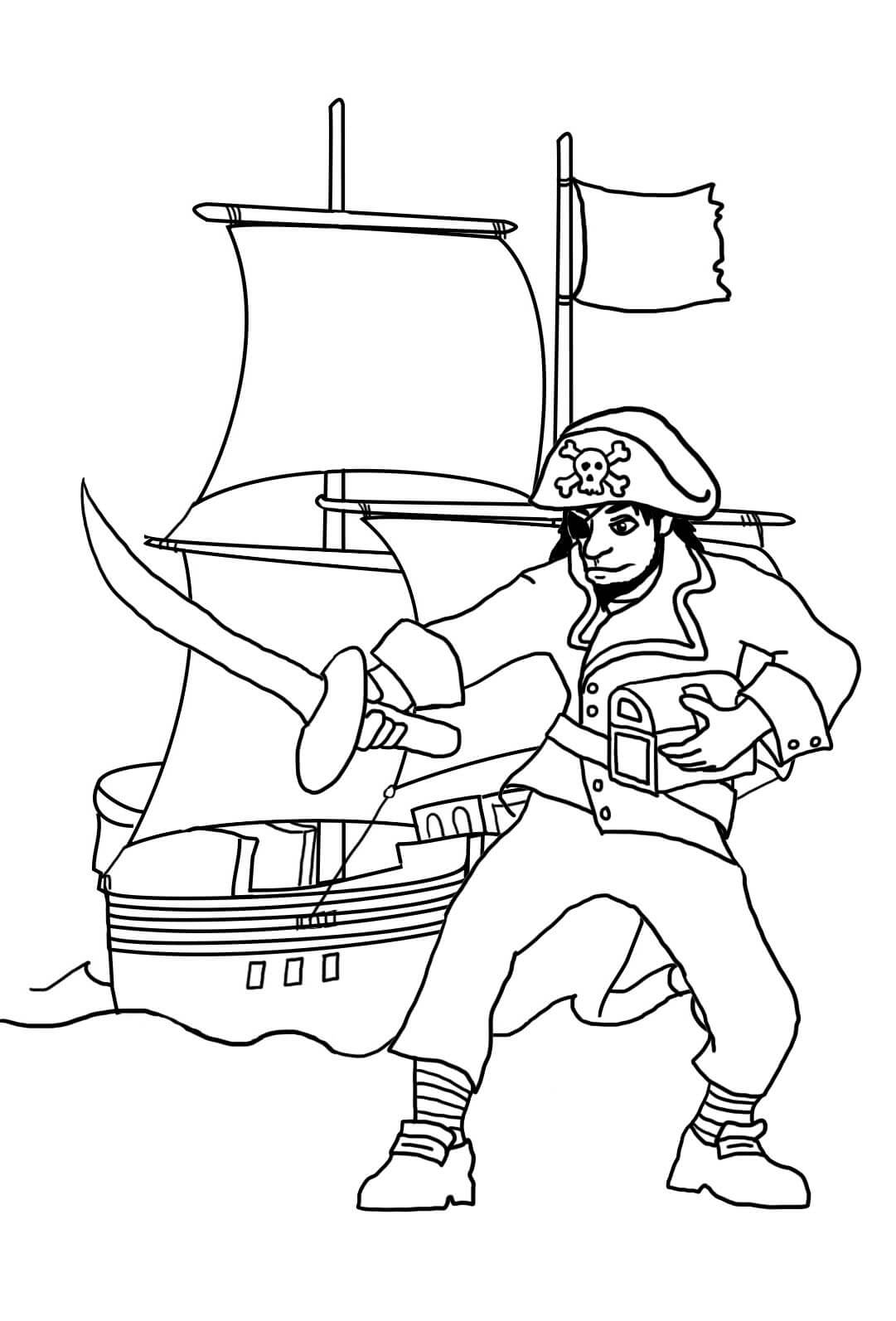 Pirat Med Sverd Og Piratskip fargeleggingsside