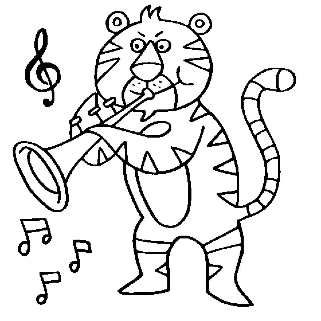 Tegning Av Tigeren Som Spiller Trompeten fargelegging