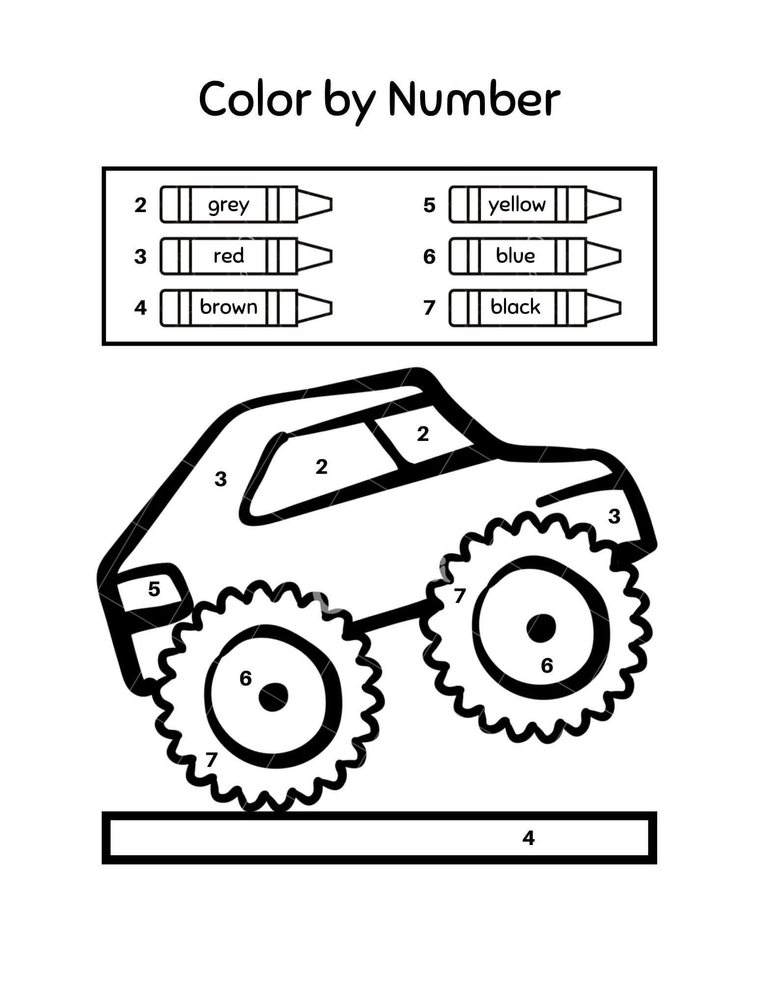 Tegning Monster Truck farge etter nummer fargeleggingsside