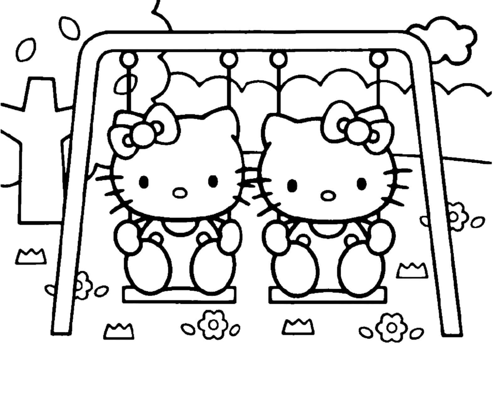 Hello Kitty Og Venn Sitter På Huskene fargelegging