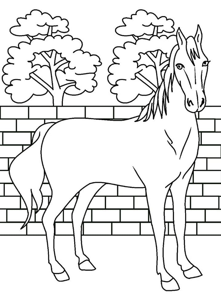 Hest Stående Med Vegg Og Trær fargeleggingsside