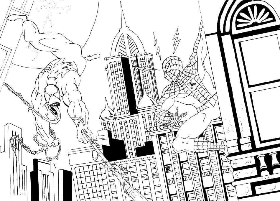 Spider Man Og Venom i Byen fargeleggingsside