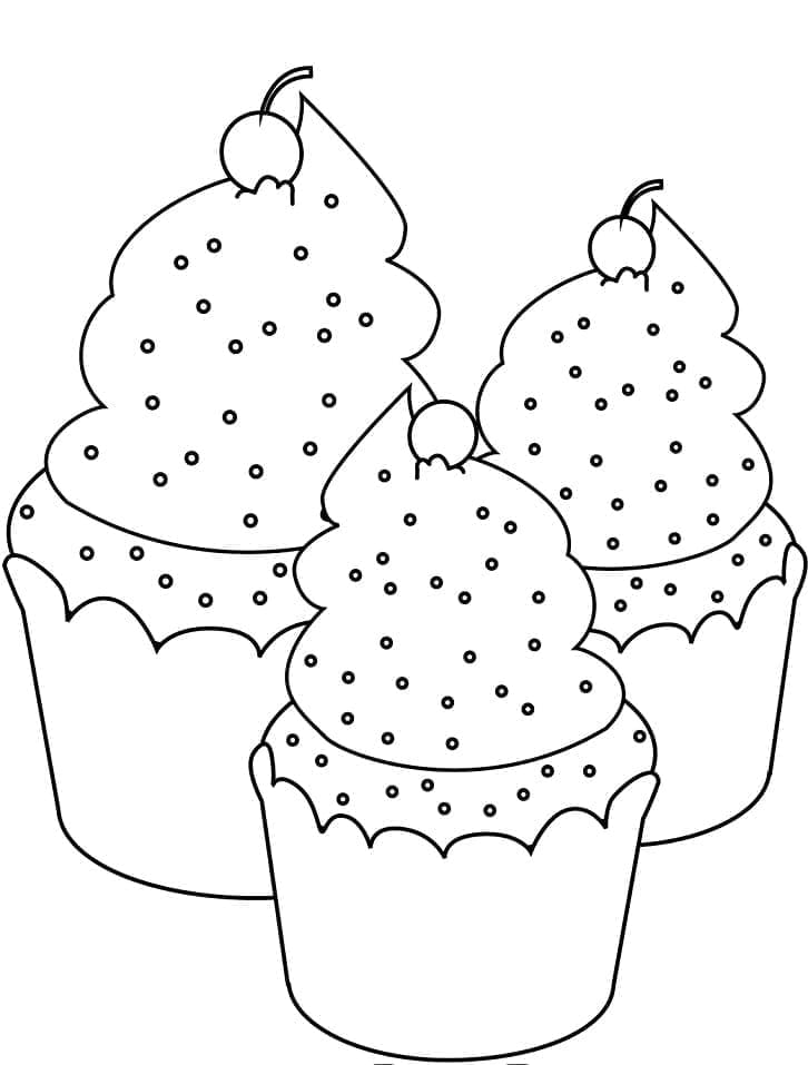 Grunnleggende Tre Cupcakes fargeleggingsside