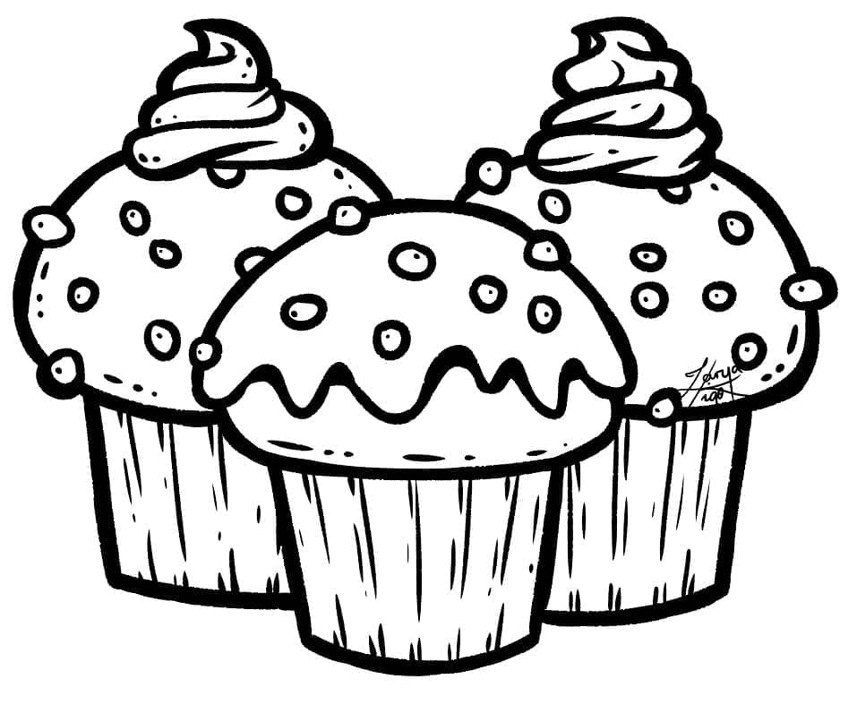 Tre Tegne-Cupcakes fargeleggingsside