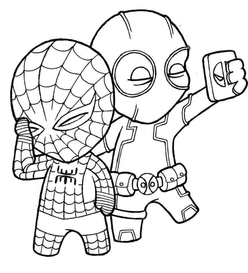 Chibi Spiderman og Deadpool fargeleggingsside