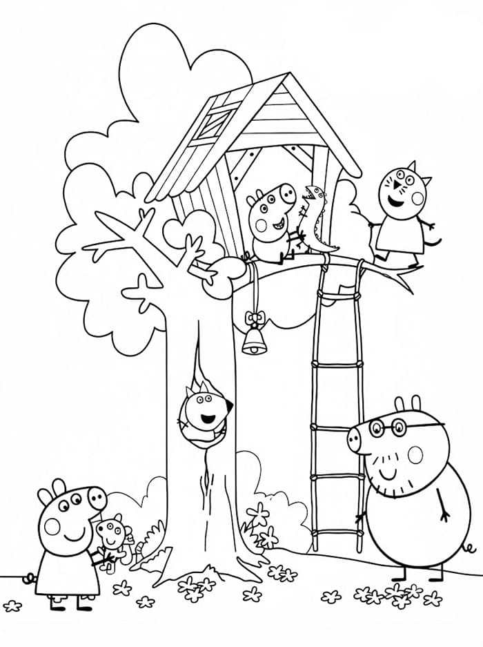 Familien Peppa Gris I Huset Treet fargelegging