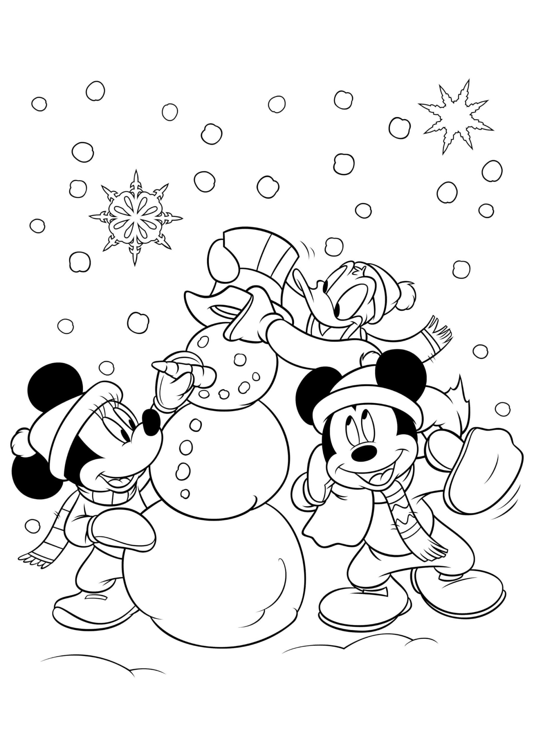 Mickey Mus Med Minnie Mus Som Bygger Snømannen fargelegging