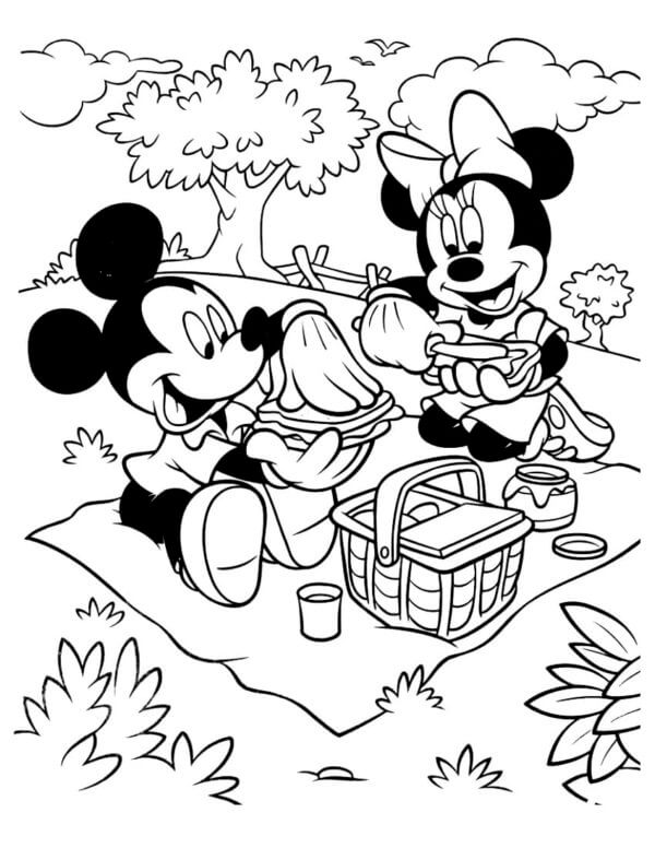 Mickey Mus og Minnie Mus i Piknik fargelegging