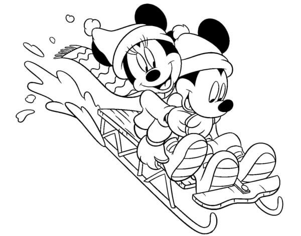 Mikke med Minnie Mouse Leker Slede fargeleggingsside