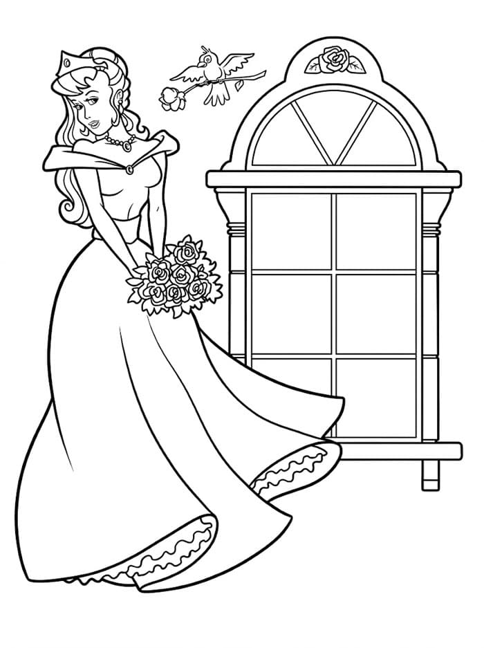 Prinsesse Holder Blomsterbukett Med Fugl fargeleggingsside