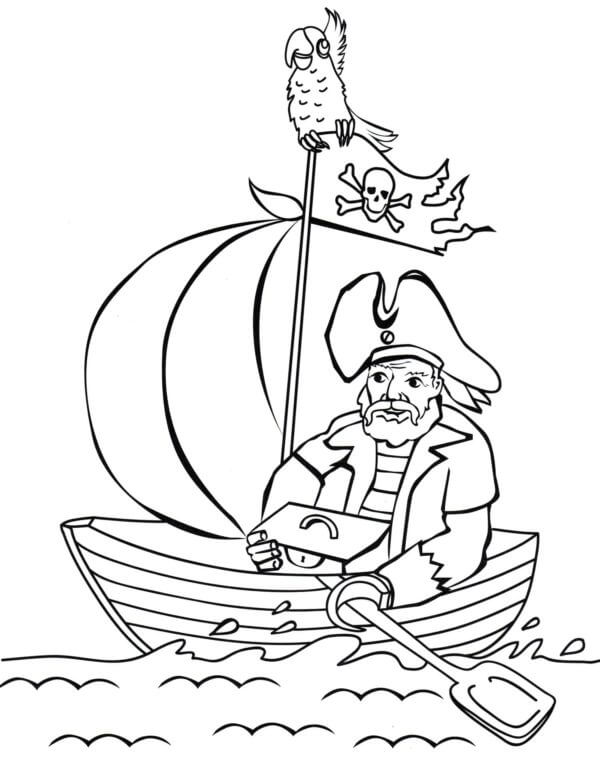 En Ensom Pirat i En Båt Med En Skattekiste fargeleggingsside