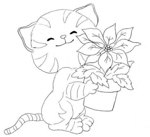 Kattunge Holder Glad i En Vase Med En Blomst fargeleggingsside