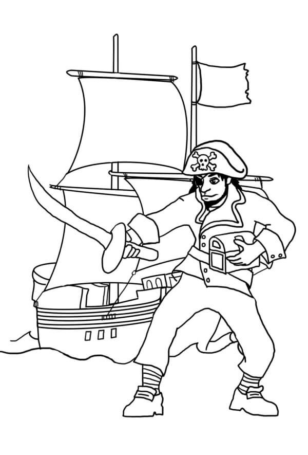 Pirat Holder Sverd Med Piratskip fargeleggingsside
