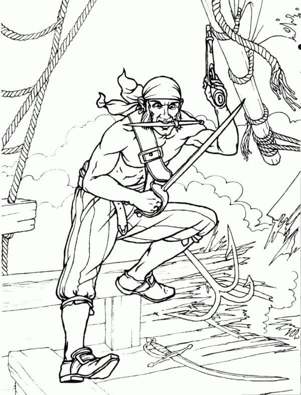 Pirat Holder Våpen På Piratskip fargelegging